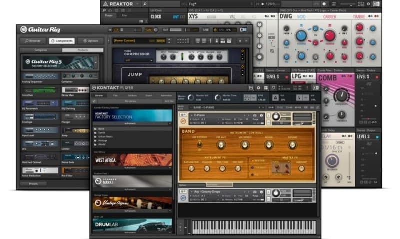 Native Instrument All Plugins Free Bundle display artwork featuring Reaktor, Guitar Rig and Kontact player