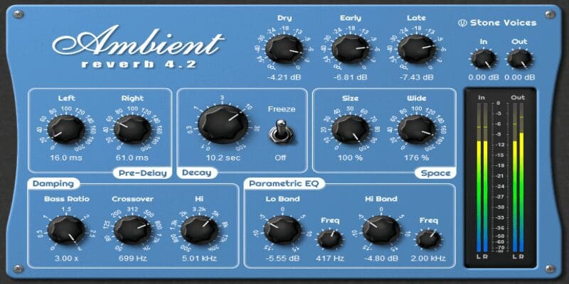Ambient Reverb 4.2 screen shot with dry, wet, late, left right, freeze, size and wide settings. Including in and out volume meter display