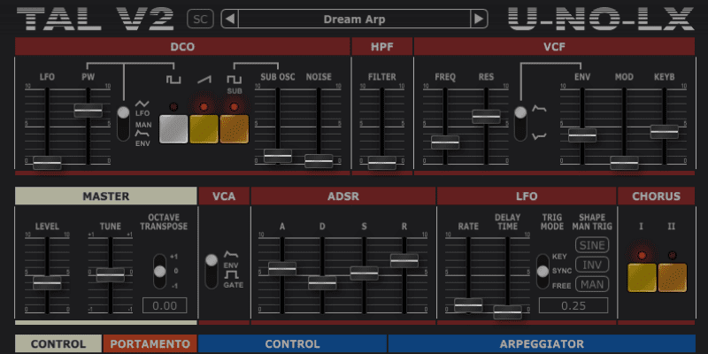 Tal FX VST Plugins old school keyboard control display similar to a juno 106 from roland.