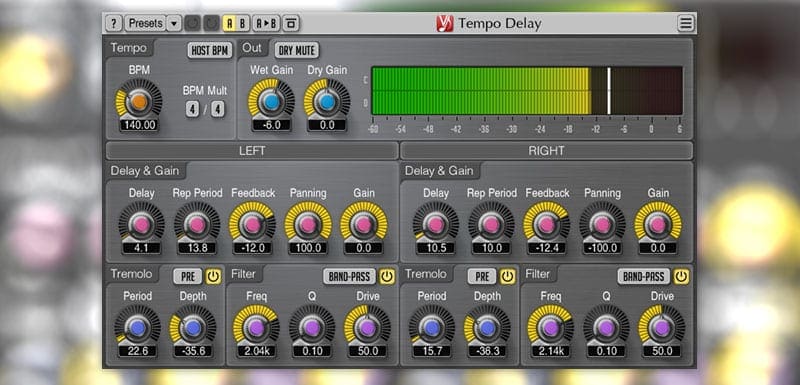 Voxengo Tempo Delay with tempo display and BPM screen shot, including panning and gain controls.