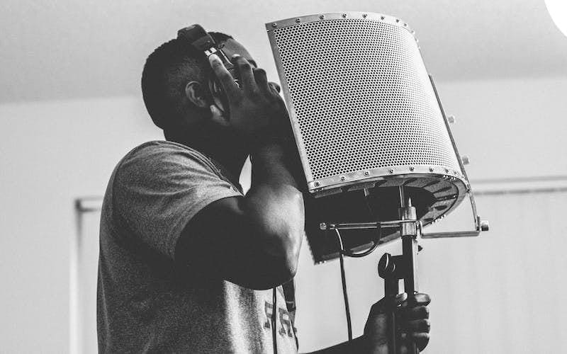 vocal booth microphone with headphones