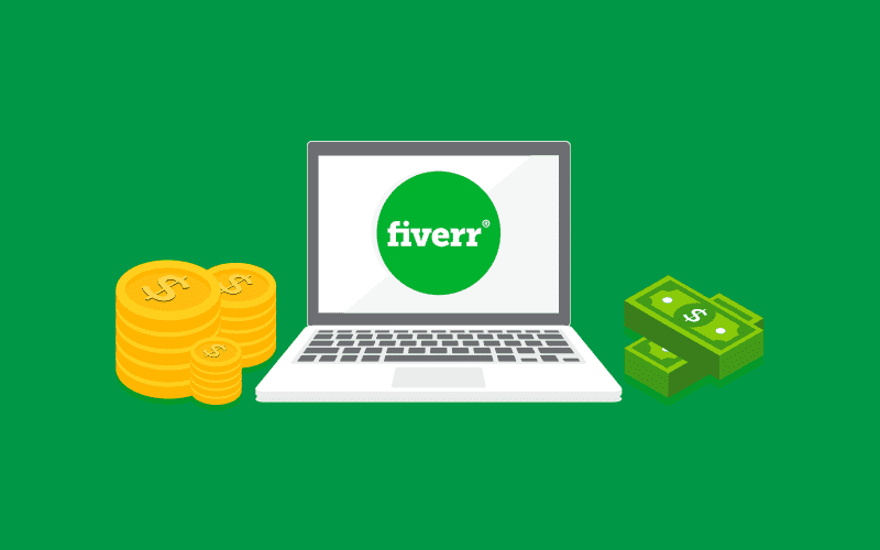 Laptop with Fiverr logo on the screen and money either side. fiverr.com.