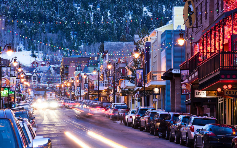 sundance film festival street with snow and lights