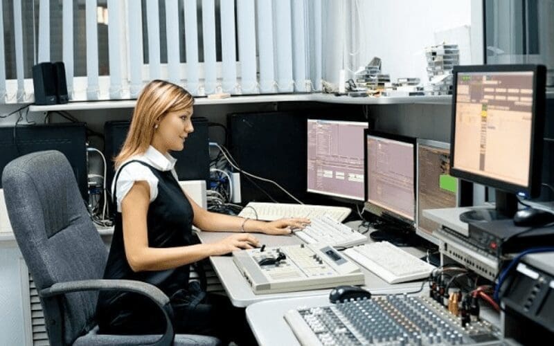 music publicist working in the office