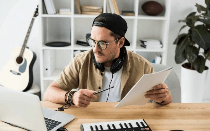 music publicist on the computer