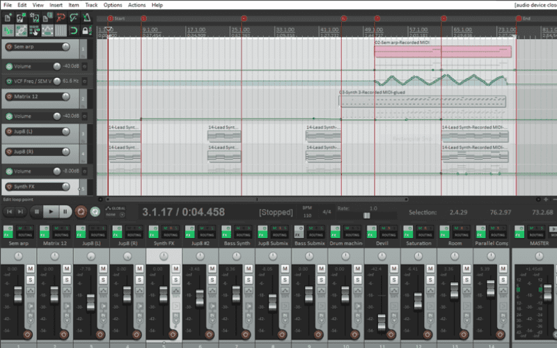 Screen grab of the reaper daw software