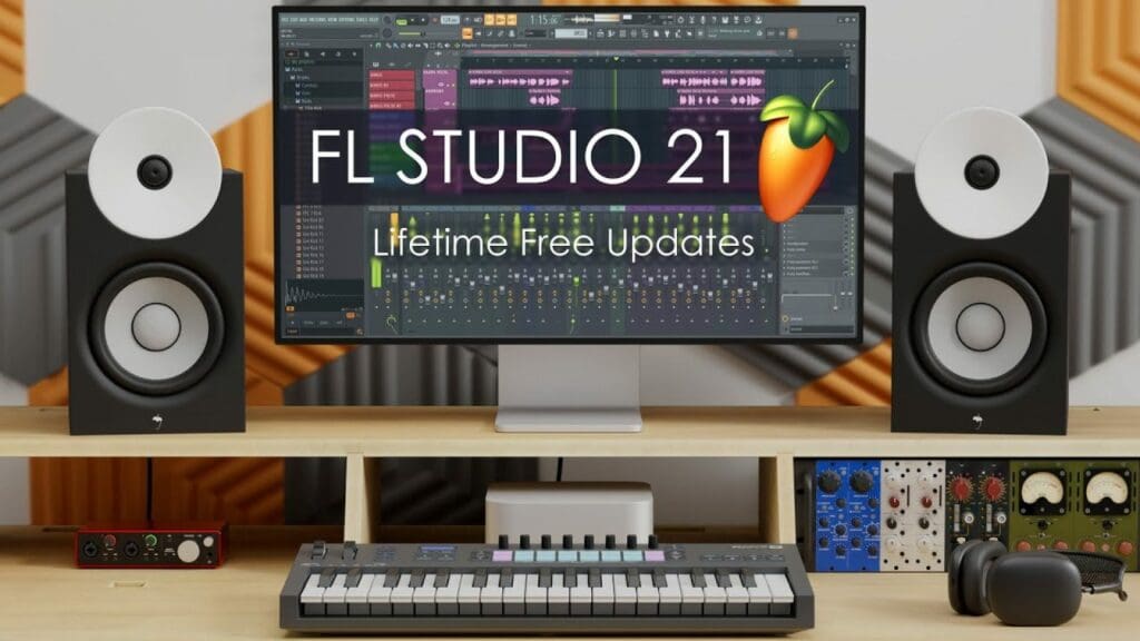 Desktop screen and keyboard with the Fruity Loops Software