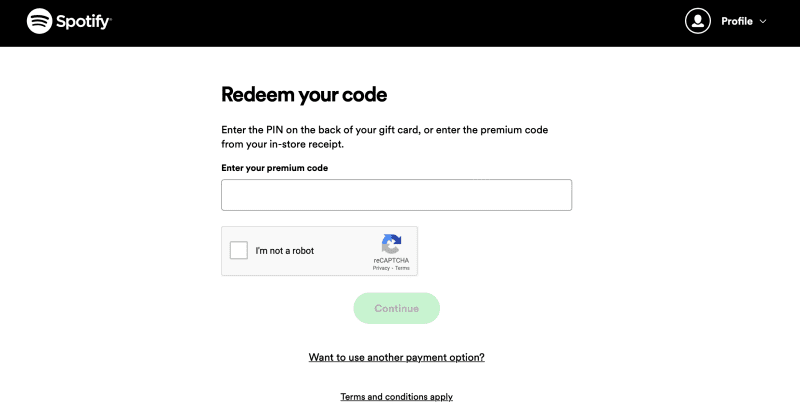 Spotify Redeem Gift Card
