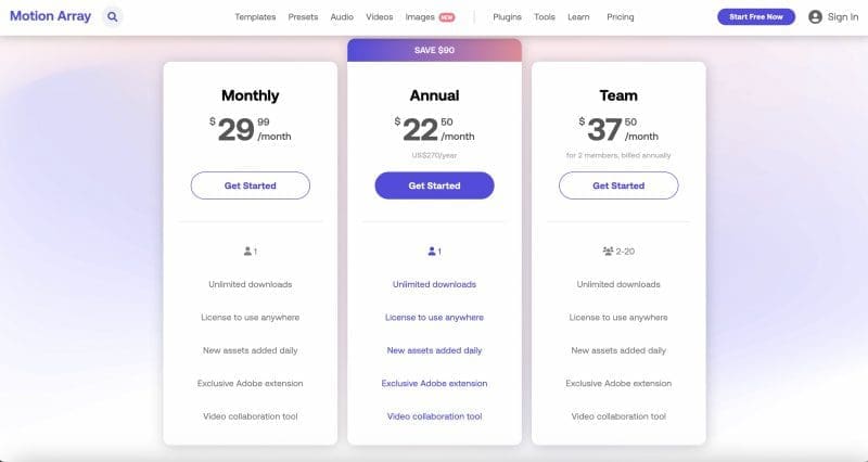 Motion Array pricing