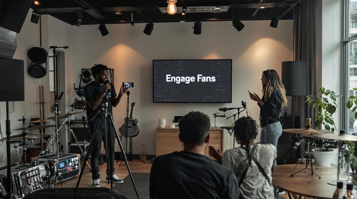 Musicians create multimedia content and review videos together in studio