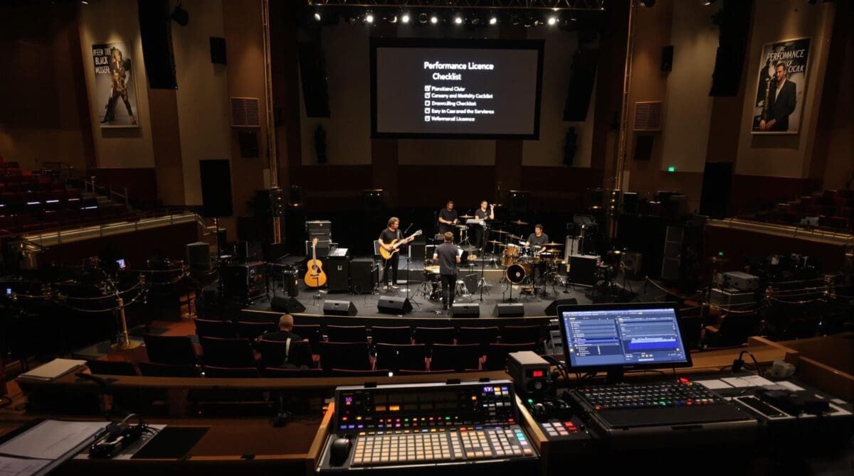 Live band on stage with 'Performance Licence' on digital checklist