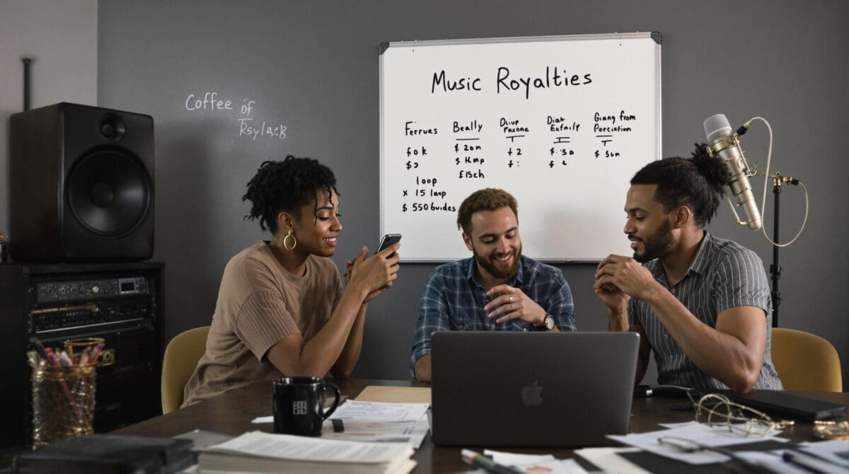Musicians reviewing royalties and contracts in modern rehearsal space