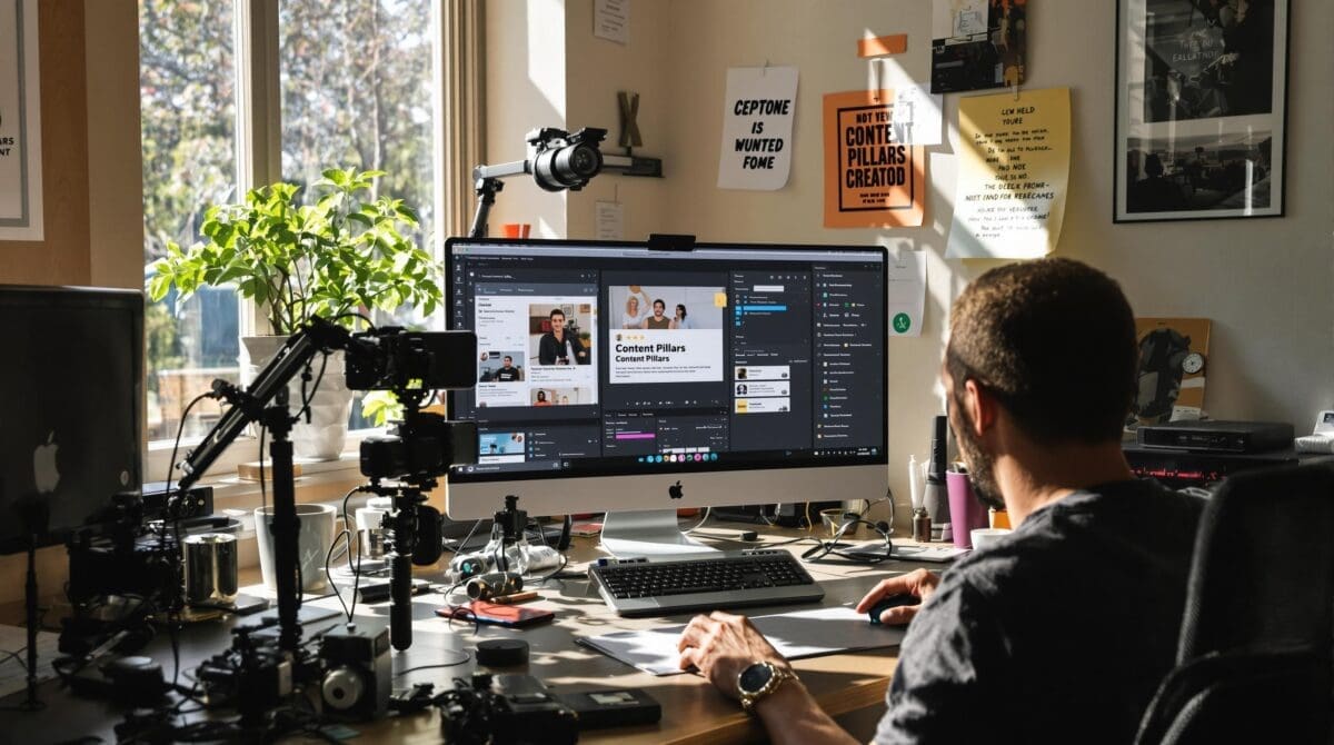 Musician curating social media content at sunlit home desk